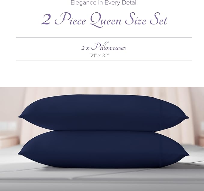 Carressa Linen 100% Egyptian Cotton Pillow Cases Queen Size Set of 2 - Luxury 600 Series Hydrangeas Collection Queen Size Pillowcases (Navy Blue), Cooling Sateen Weave Hotel Quality Bed Pillow Cover