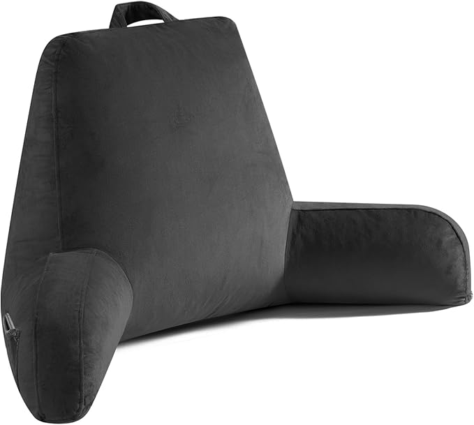 OAISZ Reading Pillow for Sitting in Bed Adult, Reading Pillow with Shredded Memory Foam, Back Pillow for Bed Sitting Up with Extend Arms, Pockets, Pillow with Washable Cover,Black, X-Large