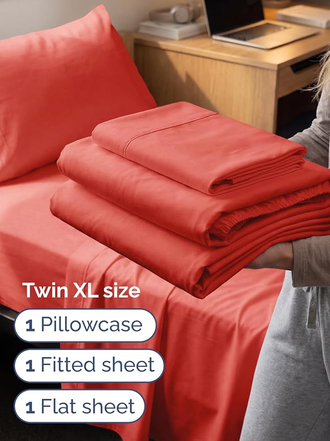 Extra Deep Twin XL Sheet Set - 3 Piece Breathable & Cooling Bed Sheets - Easily Fits 18 to 24 inch Mattress - Ultra Soft, Wrinkle & Fade Free w/ Extra Deep Pockets - Comfy Hotel Luxury Bedding - Coral