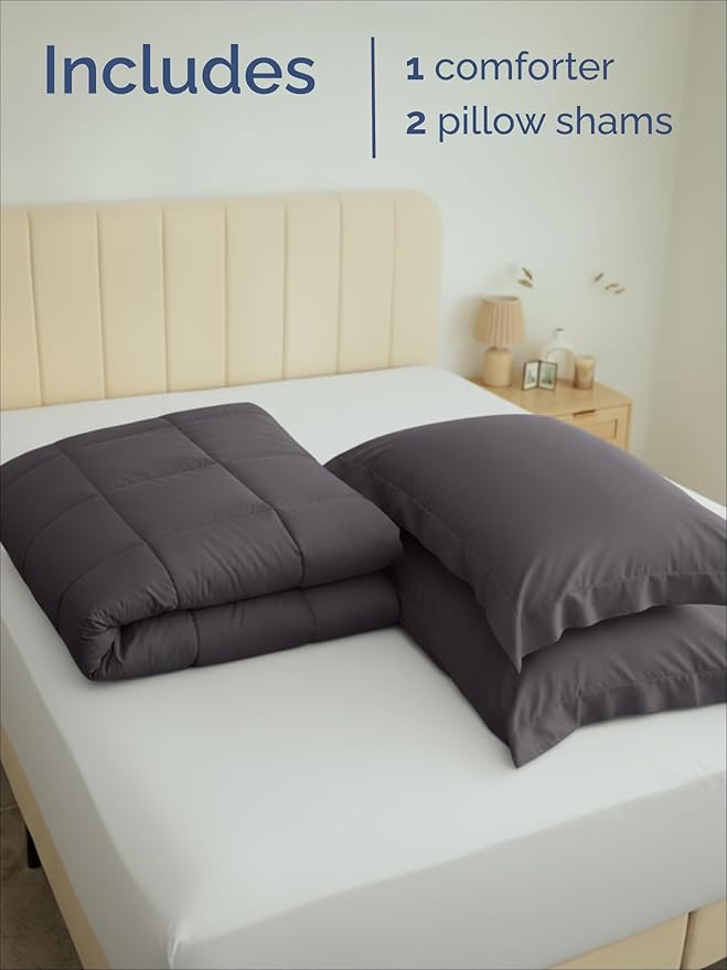 Queen Comforter Set - 3 Piece Bed Set for All Seasons - 1 Soft Quilted Comforter with Corner Tabs & 2 Pillow Shams - Comfy & Breathable - Premium Down Duvet Insert - Oeko-TEX - Queen Size, Dark Grey