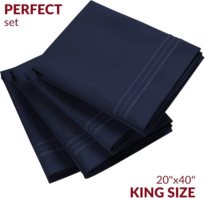 Mellanni Pillow Cases Set - 4 PC Iconic Collection Pillowcases - Hotel Luxury, Extra Soft, Cooling Pillow Covers - Wrinkle, Fade, Stain Resistant (King Size 20" x 40", Navy Blue)