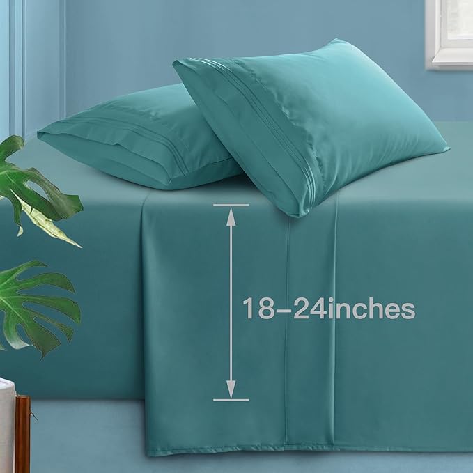 Manyshofu Extra Deep Pocket King Size Sheets - Hotel Luxury 1800 Thread Count Sheets & Pillowcases - Microfiber Bed Set up to 24" Mattress - Teal Bed Sheets 18-24 Inch Deep Pockets - 4 Piece