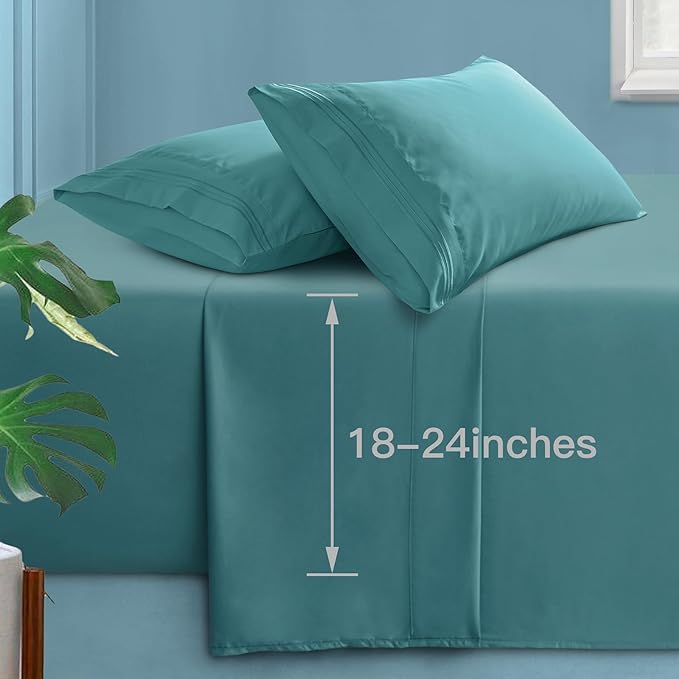 Manyshofu Extra Deep Pocket Twin Sheets Set - Hotel Luxury 1800 Thread Count Sheets & Pillowcases - Kids Bedding Set up to 24" Mattress - Teal Bed Sheets 18-24 Inch Deep Pockets - 3 Piece