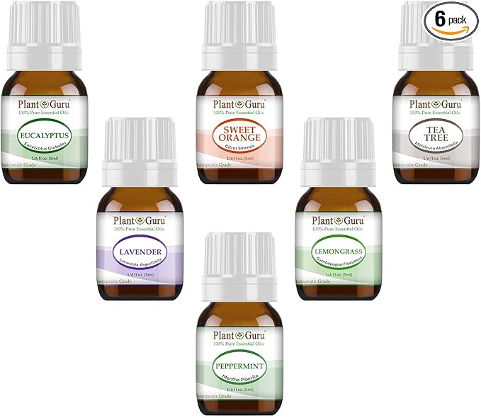 Essential Oil Variety Set Kit - 6 Pack - 100% Pure Therapeutic Grade 5 ml. Set Includes- (Peppermint, Lavender, Sweet Orange, Lemongrass, Eucalyptus & Tea Tree)