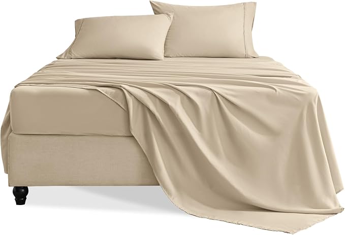 Queen Sheet Set, 4 Pieces Hotel Luxury Soft Microfiber Queen Bed Sheets Set, Up to 16" Deep Pockets, Oeko-Tex Sheets with Elastic, Breathable, Wrinkle Free (Beige, Queen)