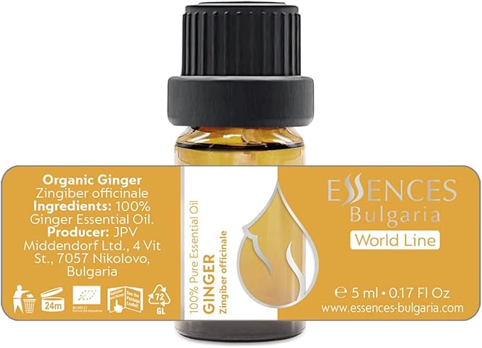 Essences Bulgaria Organic Ginger Essential Oil 0.17 Fl Oz 5ml Zingiber officinale - 100% Pure Natural Undiluted Therapeutic Grade Aromatherapy Oil for Diffuser Humidifier Lymphatic Drainage Massage