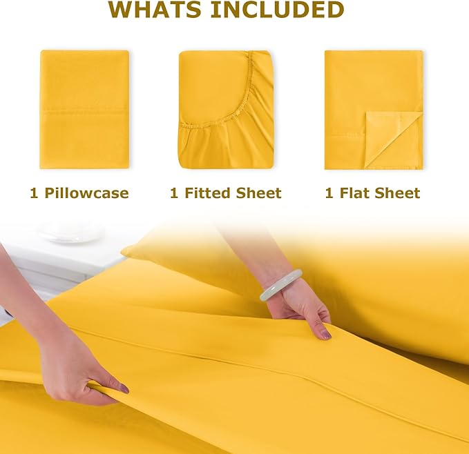 Twin Size Bed Sheet Set - 3 Piece Soft Microfiber Sheets with Deep Pockets, Cooling Technology, and Wrinkle-Free Pillowcase. Hotel-Quality, Durable Bedding, Spectra Yellow