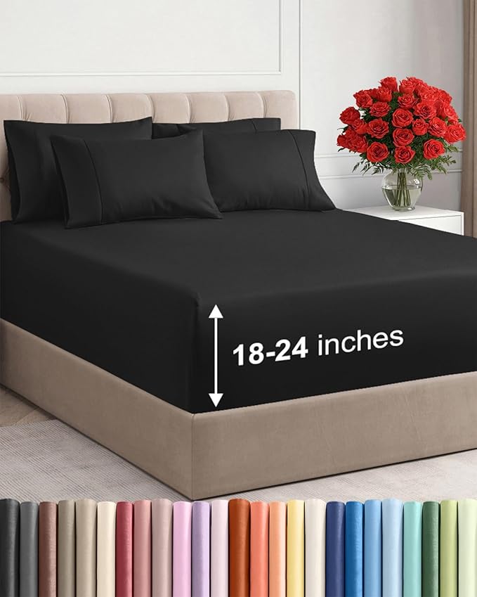 Extra Deep Queen Sheet Set - 6 Piece Breathable and Cooling Sheets - Hotel Luxury Bedding for Women, Men, Kids & Teens - Easy & Secure Fit - Soft, Wrinkle Free and Comfy - Extra Deep Pockets - Black