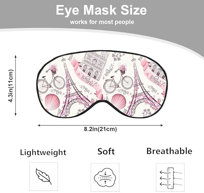 Paris Symbols Sleep Mask Eye Mask Romantic Trip Balloon Bike Pink Sleep Mask Light Blocking Adjustable Smooth Soft Eye Masks for Women Deep Rest Travel