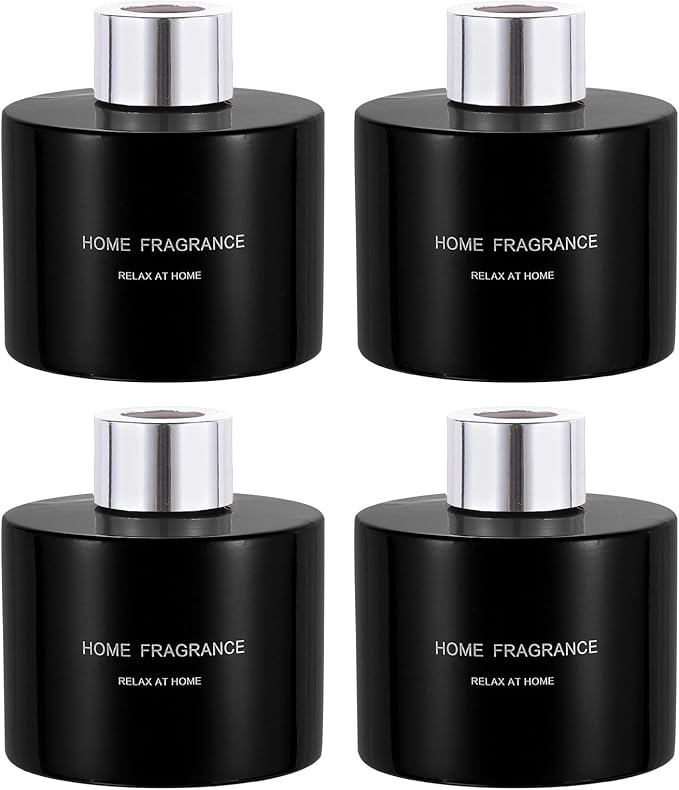 HARFINGTON 4pcs Empty Glass Diffuser Bottle 140ml/4.7oz Refillable Fragrance Accessories Aromatherapy Jar Container for Replacement Reed Diffuser DIY Home Bathroom Black with Silver Tone Cap