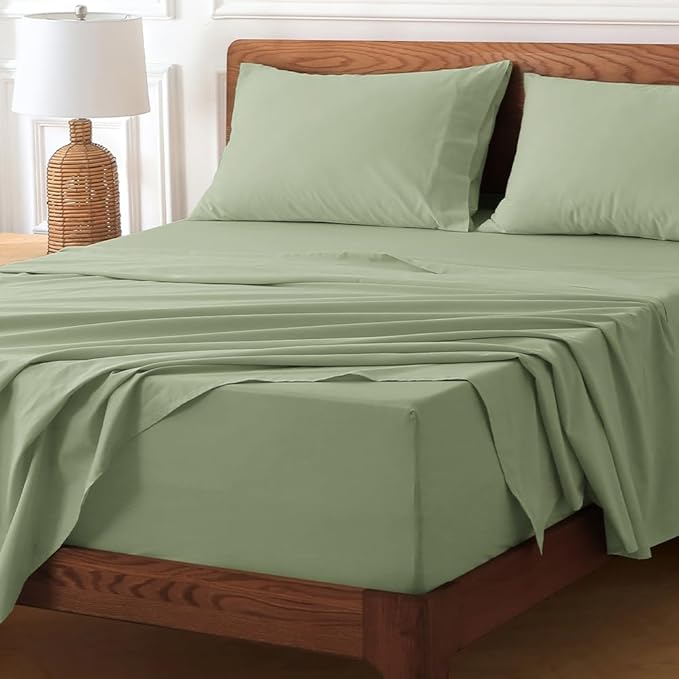 HYPREST 100% Cotton Percale Sheets Queen Size - 18-24 Extra Deep Pocket Bed Sheet Set Queen, Crisp & Breathable Cooling Bedding (Sage Green, Queen)