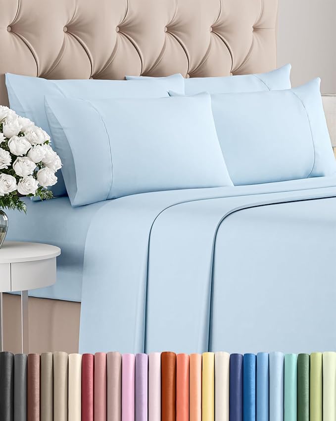 Queen 6 Piece Sheet Set - Comfy, Breathable & Cooling - Hotel Luxury Bedding for Women, Men, Kids, Teens & Children - 1 Flat & 1 Fitted Sheet & 4 Pillowcases w/ Deep Pockets - Wrinkle Free - Baby Blue