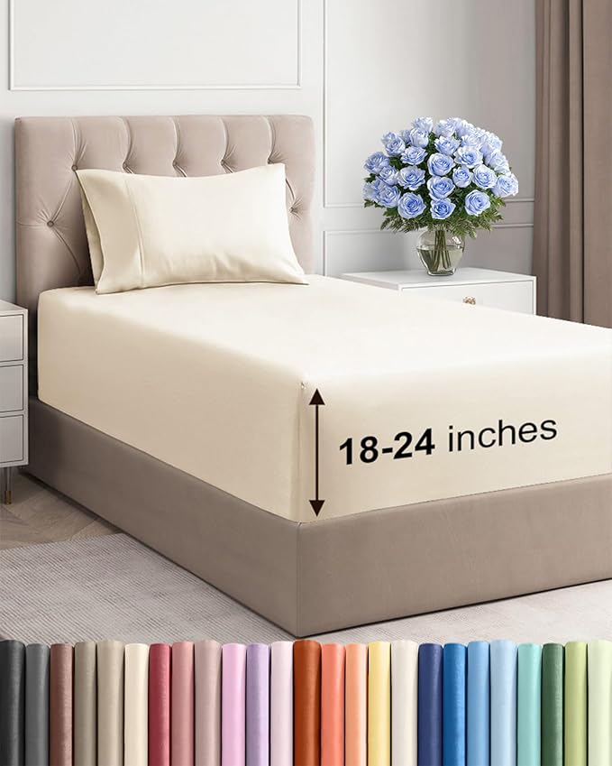 Extra Deep Twin Sheet Set - 3 Piece Breathable & Cooling Bed Sheets - Easily Fits 18 to 24 inch Mattress - Ultra Soft, Wrinkle & Fade Free with Extra Deep Pockets - Hotel Luxury Bedding - Off White