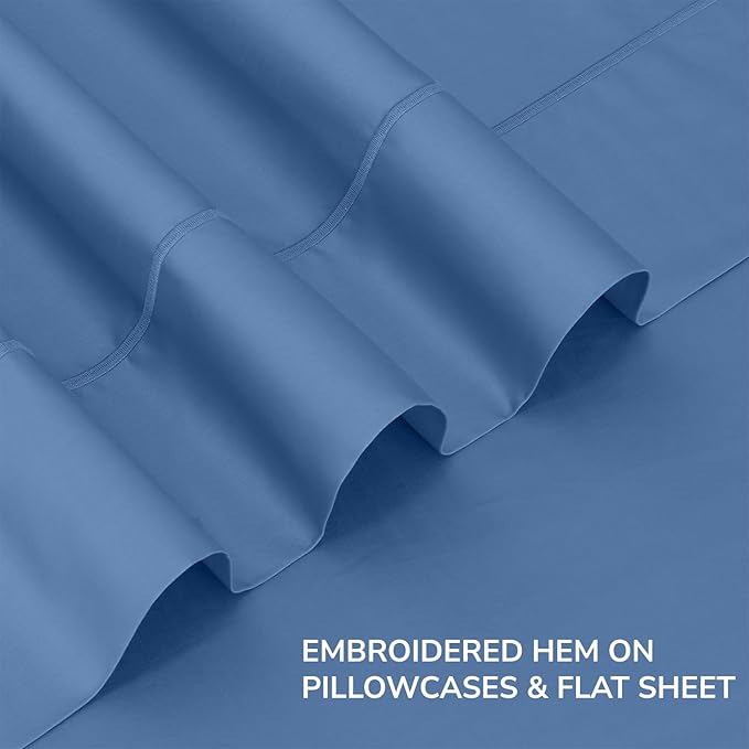 Feather & Stitch 500 TC Split King Size 5pc Damask Bed Sheet Set,100% Soft Cotton Breathable Bedsheets, 18" Deep Pockets Sateen Weave Solid Bedding Mattress - (Mist Blue)