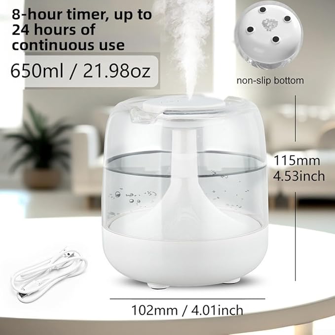 Minhe Quiet USB Humidifier for Bedroom & Office – 650ml Aromatherapy Diffuser with Colorful LED Light, Silent Mist, ABS, 2W Low Power Consumption, 8H Timer(black)