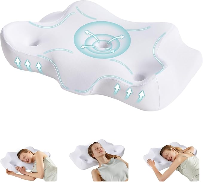 NEWBULIG Cervical Neck Pillow - Ergonomic Memory Foam Pillow for Neck Pain Relief, Contour Orthopedic Bed Pillow for Side, Back & Stomach Sleepers with Neck Support, 24.01" Lx15.12 W, White