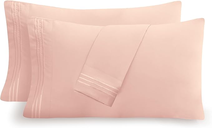 Mocassi 2-Piece Premium Standard/Queen Pillowcase Set 1800 Series Hotel Quality Microfiber - Soft and Breathable with 3-Line Embroidery Wrinkle and Stain Resistant, Easy Care, 20" x 30", Blush Pink