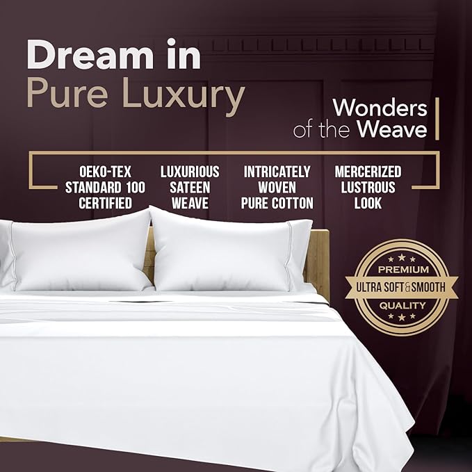 TEXAS LINEN CO. 100% Egyptian Cotton Pillowcases Queen Size Set of 2 - Luxury Snoozin' Supreme Collection 2000 Series Standard/Queen Pillow Cases, Envelope Closure Hotel Pillowcase (21 x 32, White)