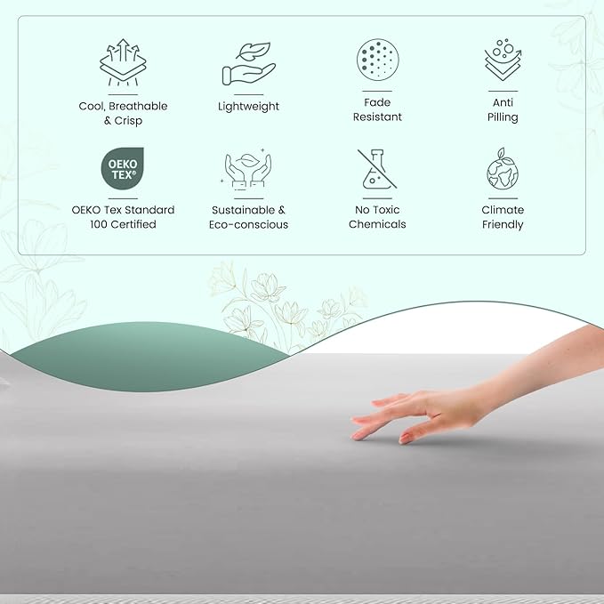 Feather & Stitch Softest 100% Cotton Sheets, 300 Thread Count Percale Weave Bedding, 16" Deep Pocket, Cooling Sheets, Breathable Bed Set, Hotel Premium Quality (Queen, Grey)