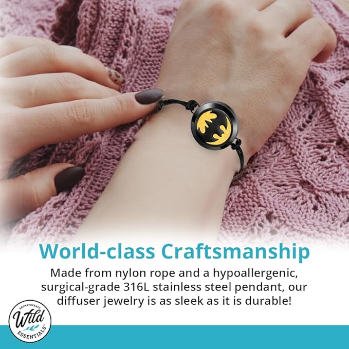 Wild Essentials Black Chrome Bat Essential Oil Diffuser Bracelet, Stainless Steel Aromatherapy Locket, Adjustable Nylon Band with 12 Color Pads, Jewelry Gift Set