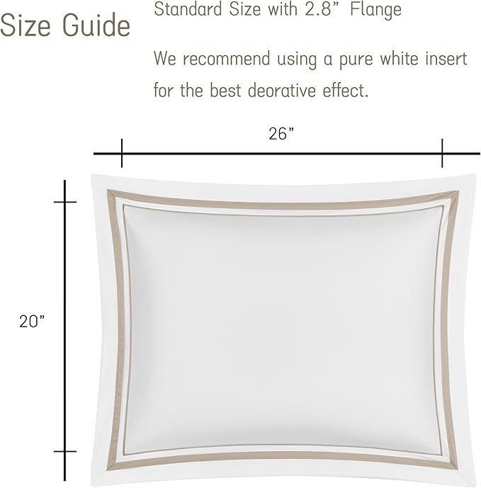 White Pillow Shams Standard Size Set of 2, 100% Cotton 400TC Sateen Luxury Hotel Pillow Cases, Pipping Oxford Pillowcases with Envelope Closure for Bedding Linen, 20x26 Inches (White with Khaki)