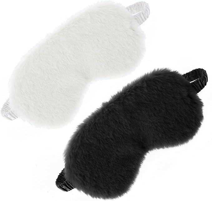 2 Pcs Plush Sleep Eye Mask Cute Soft Sleeping Blindfold Adjustable Furry Nap Eye Cover Night Comfortable Faux Fur Eyeshade for Plane Game Winter Men Women Gift(White, Black)