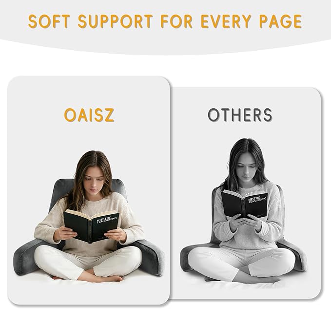 OAISZ Reading Pillow for Sitting in Bed Adult, 19" Reading Pillow with Shredded Memory Foam, Back Pillow for Sitting Up with Extend Arms, Pockets, Bed Pillow with Washable Cover, Grey