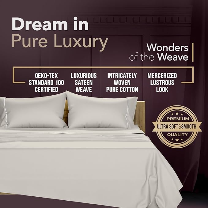 TEXAS LINEN CO. 100% Egyptian Cotton Sheets California King Size - Snoozin' Supreme Collection 2000 Series Luxury Cal King Sheet Set, Sateen, 17” Extra Deep Pocket Hotel Sheets (4 Pc, Light Grey)