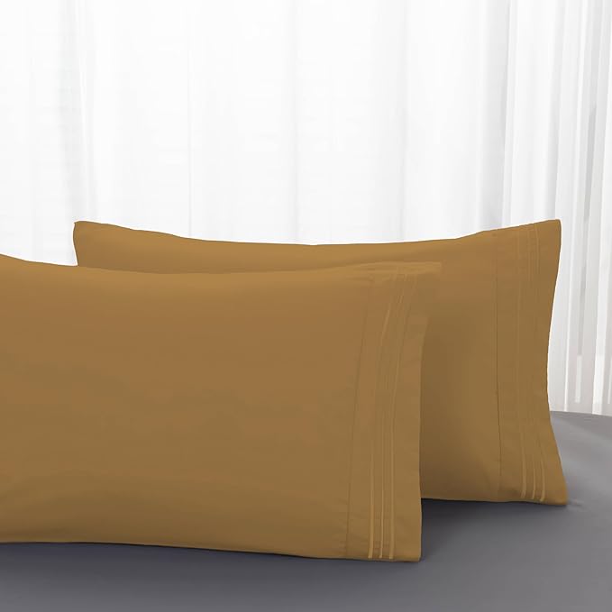 Mocassi 2-Piece Premium King Pillowcase Set 1800 Series Hotel Quality Microfiber - Soft and Breathable with 3-Line Embroidery Wrinkle and Stain Resistant, Easy Care, 20" x 40", Bronze