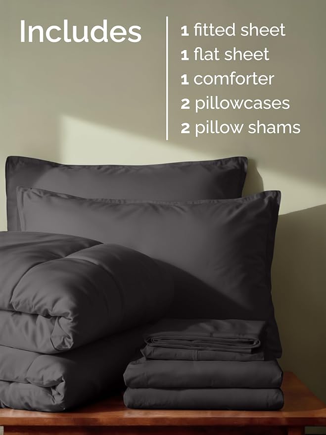 King Comforter Set - 7 Piece Bed in a Bag King Size Bed Set - Down Alternative Comforter, Flat Sheet, Fitted Sheet, Pillowcase & Shams for All Seasons - Ultra Soft, Comfy and Breathable - Dark Grey