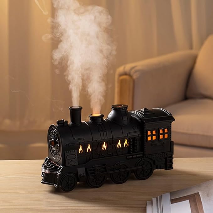 300ml Retro Steam Train Essential Oil Diffuser and Cool Mist Humidifier with Quiet Operation Auto Shut-Off Adjustable Ambient Lights Dual Spray Modes for Home Bedroom Office (Silver)