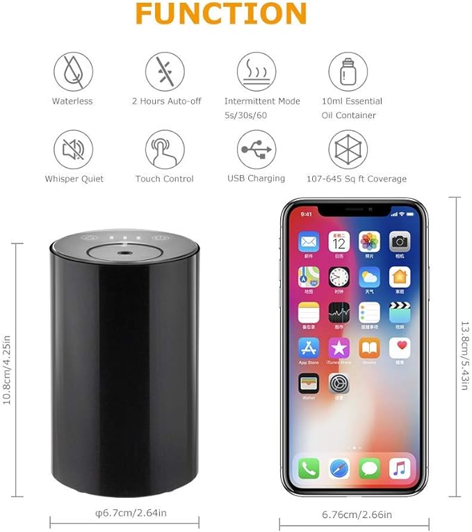 Waterless Essential Oil Diffuser, Portable Nebulizer with 3 Intensity Levels, Battery Powered for Car Home Office (Black)