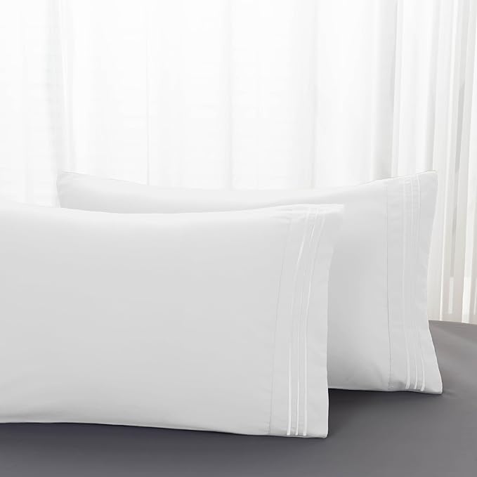 Mocassi 2-Piece Premium Standard/Queen Pillowcase Set 1800 Series Hotel Quality Microfiber - Soft and Breathable with 3-Line Embroidery Wrinkle and Stain Resistant, Easy Care, 20" x 30", White