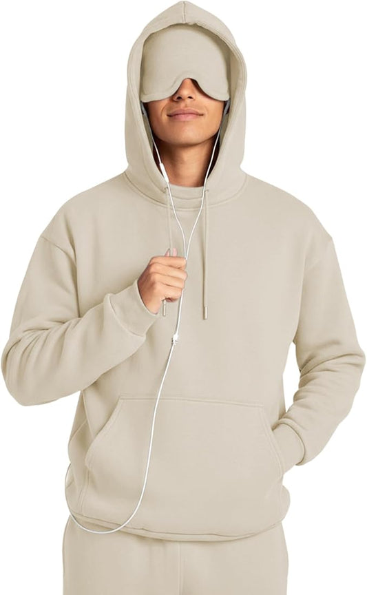 Ainangua Mens Oversized Pullover Essentials Hoodie with Eye Mask Built In Comfor Airplane Mode Travel Sleep Wearable Blanket