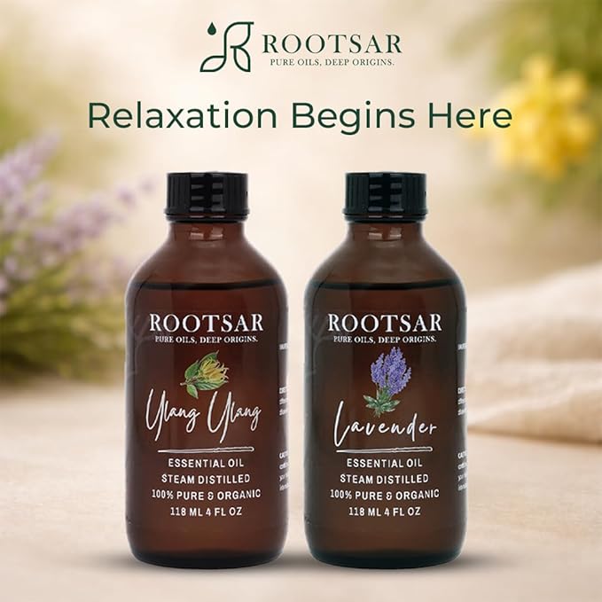 Lavender & Ylang Ylang Essential Oils Set – 100% Pure & Natural Diffuser Oils for Sleep, Stress Relief, Mood Support & Romantic Atmosphere – Premium Duo 4 FL OZ / 118 ML Per Bottle