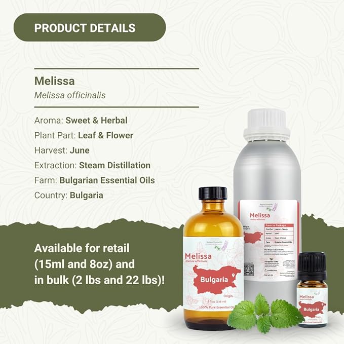 Melissa Essential Oil - Direct from Bulgarian Sustainable Farms - Steam Distilled - Aceite Toronjil for Aromatherapy, Massage, Diffuser, DIY Candle and Soap Making - 5ml
