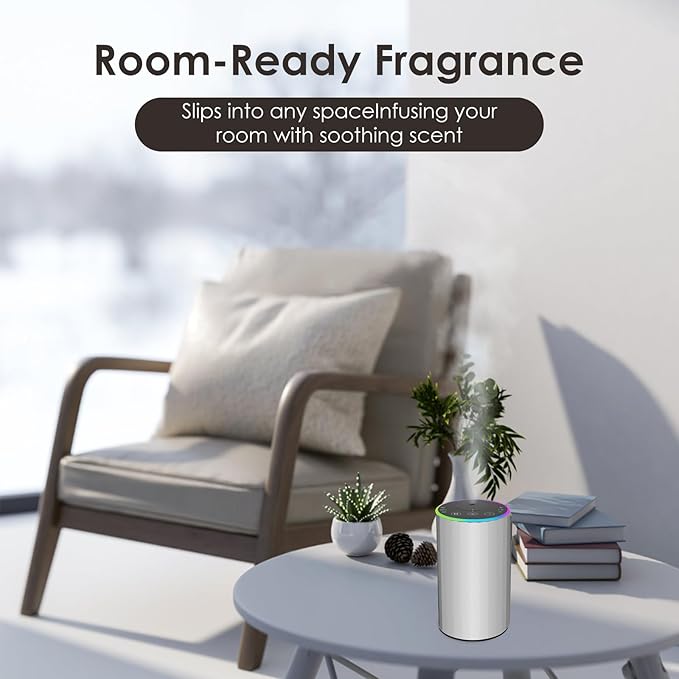 Waterless Essential Oil Diffuser, 7 Colors LED Light, Battery Powered Mini Scent Air Machine, Aromatherapy Mist Diffuser for Home Room Car Office，Black Aluminum Alloy (Silver-LED)