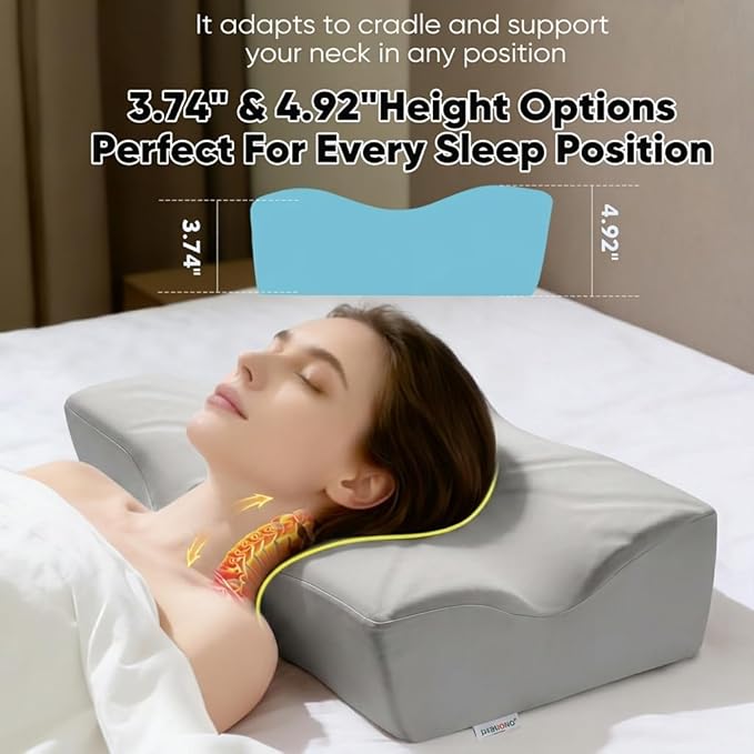 DOBUONO Cervical Neck Pillow - Side Sleeper Pillow for Neck Pain Relief, Odorless Memory Foam Pillow with Cooling Cover & Dual Height, Ergonomic Contour for Neck & Shoulder Support, Grey