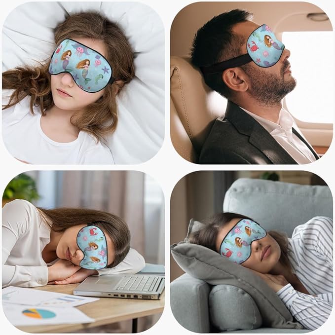 Sea Wildlife Sleep Eye Mask Mermaid Seahorse Fishes Starfish Crab Jellyfish Cartoon Silk Eye Mask Sleeping Soft Eye Shade Cover for Men Women Boy Girl Airplane Travel