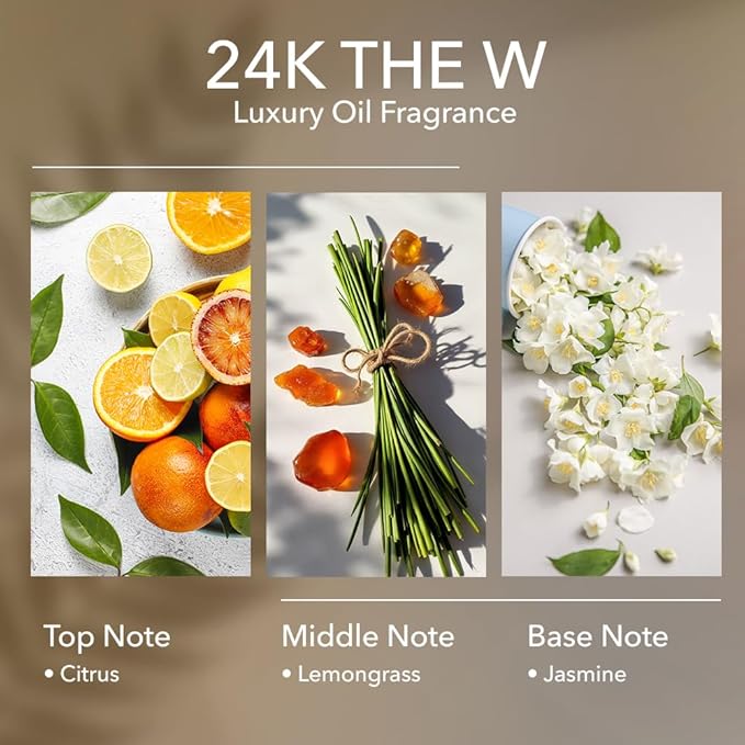 24K The W Diffuser Oil, 6.7 FL Oz, 200 mL, Luxury Hotel Scent for Home, Bathroom, Spa & Office, Hotel Aroma, Natural Essential Oil, Citrus, Lemongrass & Jasmine Scents