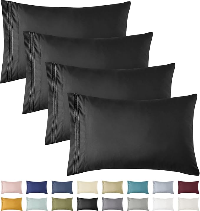 YIYEA California King Pillow Cases Set of 4, Ultra Soft 1800TC Hotel Quality Double Brushed Microfiber Embroidered Pillowcases, Envelope Closure, Fade Resistant (20"x40", Black)