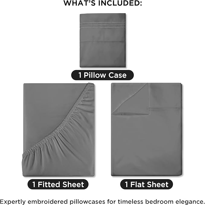 ROYALE LINENS 3 Piece Twin Sheets Set - Soft Brushed 1800 Microfiber Bedding - 1 Fitted and 1 Flat Sheet, 1 Pillow case - Wrinkle Free & Fade Resistant - Hotel Luxury Bed Sheets Set (Grey, Twin)