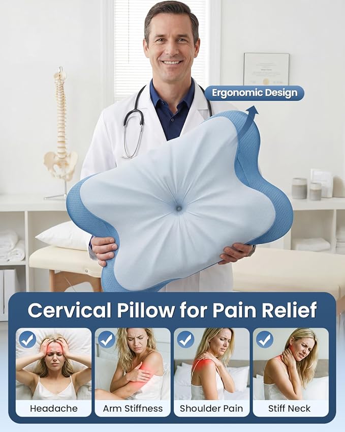 Cervical Pillow for Neck Pain Relief, 4-Height Adjustable Oeko-TEX Memory Foam Contour Pillow for Sleeping, Ergonomic Orthopedic Cooling Neck Pillow for Side Back Stomach Sleepers, Arm Support