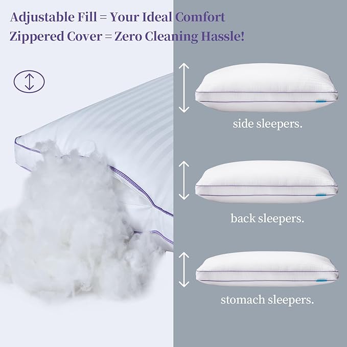 SLEEPDIARY Standard Pillows Set of 2,Hotel-Quality Bed Pillows with Zipper for Adjustable Loft, Machine Washable, Down Alternative Filling for Back, Side & Stomach Sleepers, White