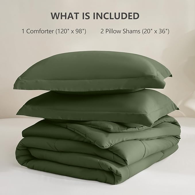 CozyLux Oversized King Comforter Set, 3 Pieces Olive Green 120x98 Box Stitched Design Soft Bedding Set, All Season Lightweight Breathable Bed Set with 1 Down Alternative Comforter and 2 Pillow Shams