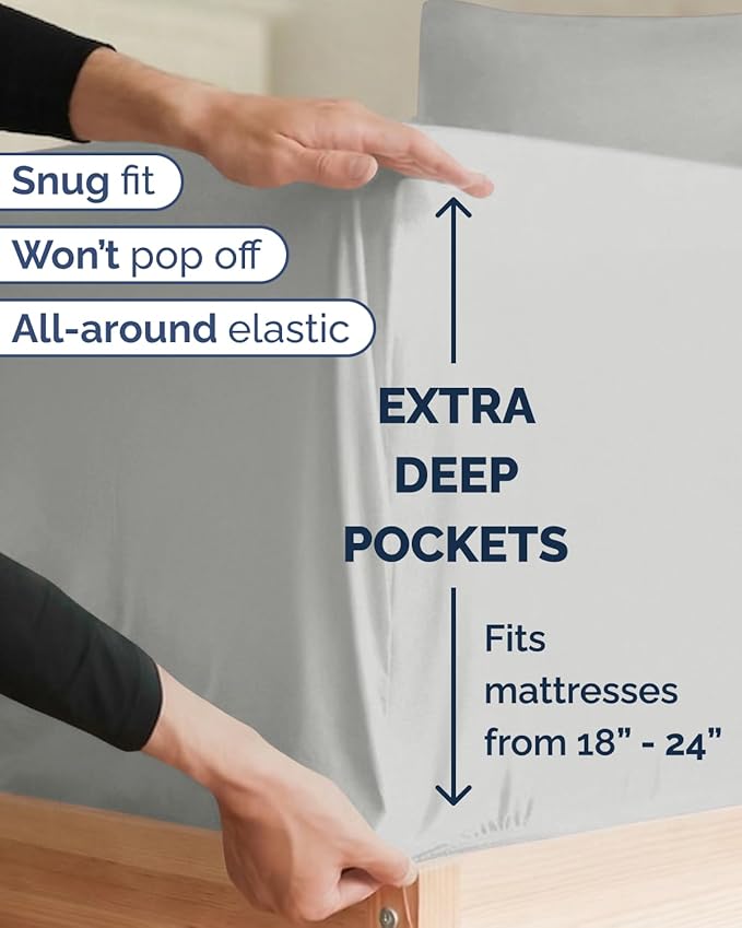 Extra Deep Twin XL Sheet Set - 4 Piece Breathable and Cooling Sheets - Hotel Luxury Bedding for Women, Men, Kids & Teens - Easy & Secure Fit - Soft and Wrinkle Free - Extra Deep Pockets - French Grey