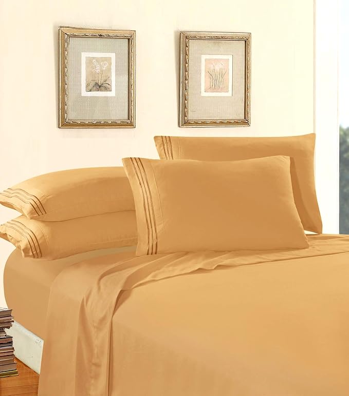 Elegant Comfort Luxury Soft 1500 Premier Egyptian 4-Piece Premium Hotel Quality Wrinkle Resistant Coziest Bedding Set, All Around Elastic Fitted Sheet, Deep Pocket up to 16inch, Full, Camel/Gold