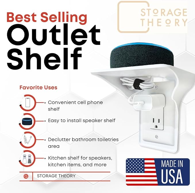 Power Perch Double Wall Outlet Shelf with Cord Storage Strap - Declutter & Reclaim Bedroom Counter Space - Alexa Stand, Apple HomePod Shelf, Toothbrush Holder for Bathroom - White, 1-Pack