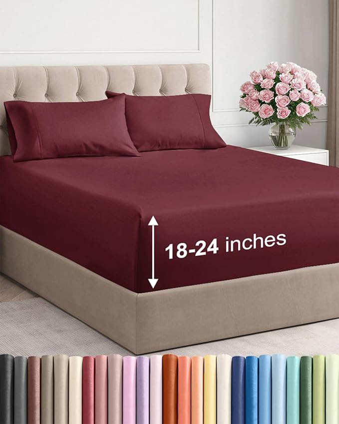 Extra Deep Queen Sheet Set - 4 Piece Breathable & Cooling Bed Sheets - Easily Fits 18 to 24 inch Mattress - Ultra Soft, Wrinkle & Fade Free with Extra Deep Pockets - Hotel Luxury Bedding - Burgundy