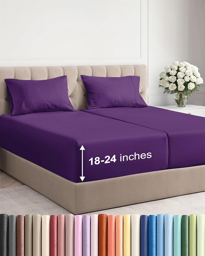 Extra Deep Split King Sheet Set - 5 Piece Breathable & Cooling Bed Sheets - Easily Fits 18 to 24 inch Mattress - Ultra Soft, Wrinkle & Fade Free w/ Extra Deep Pockets - Hotel Luxury Bedding - Purple